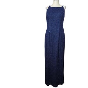 Scala Vintage Blue Sequin Beaded Slit Maxi Silk Sleeveless Side Zip Dress L